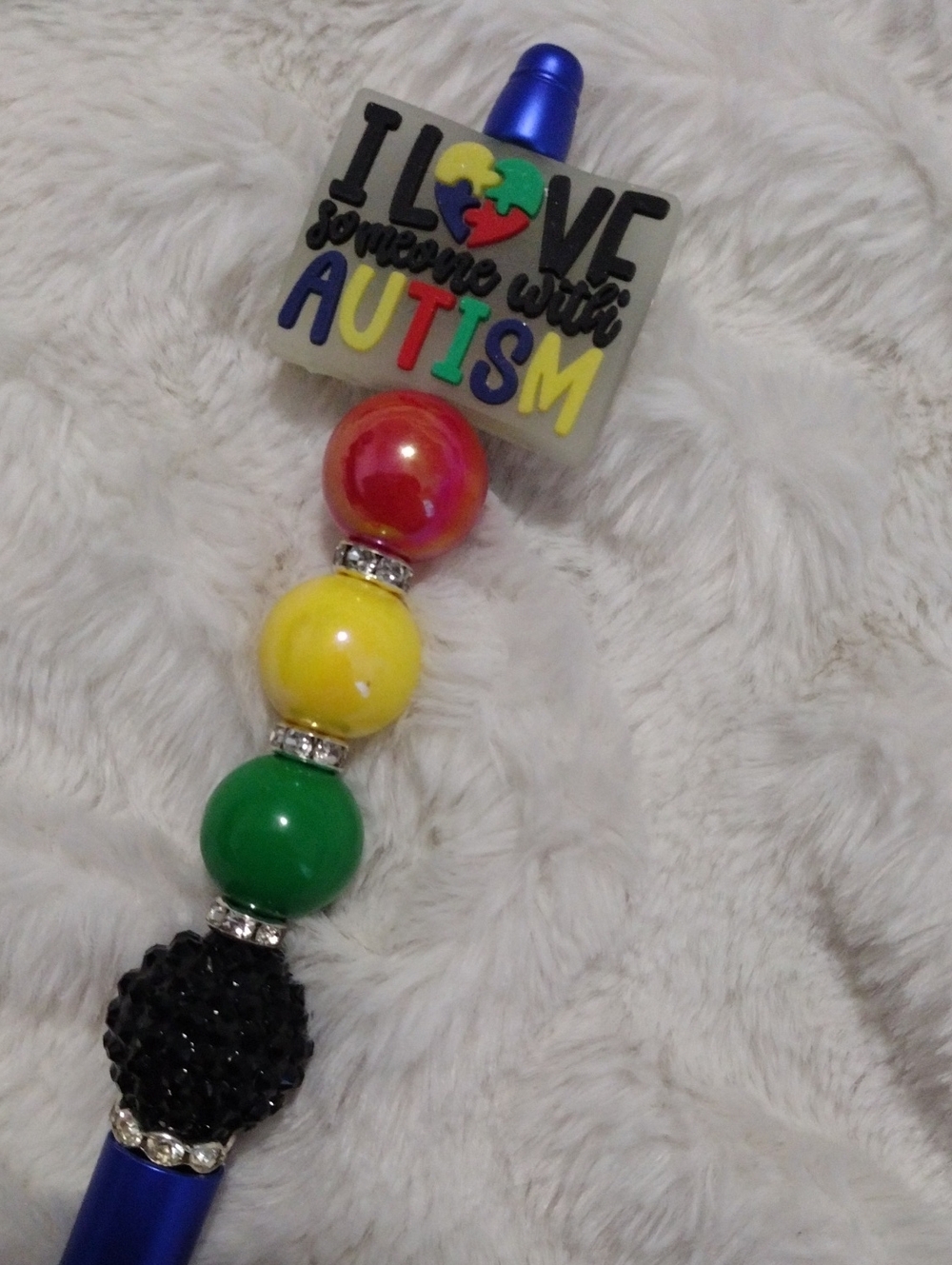 Tall Blue Beaded Pen with Autism Awareness Charm - Picture 2 of 2